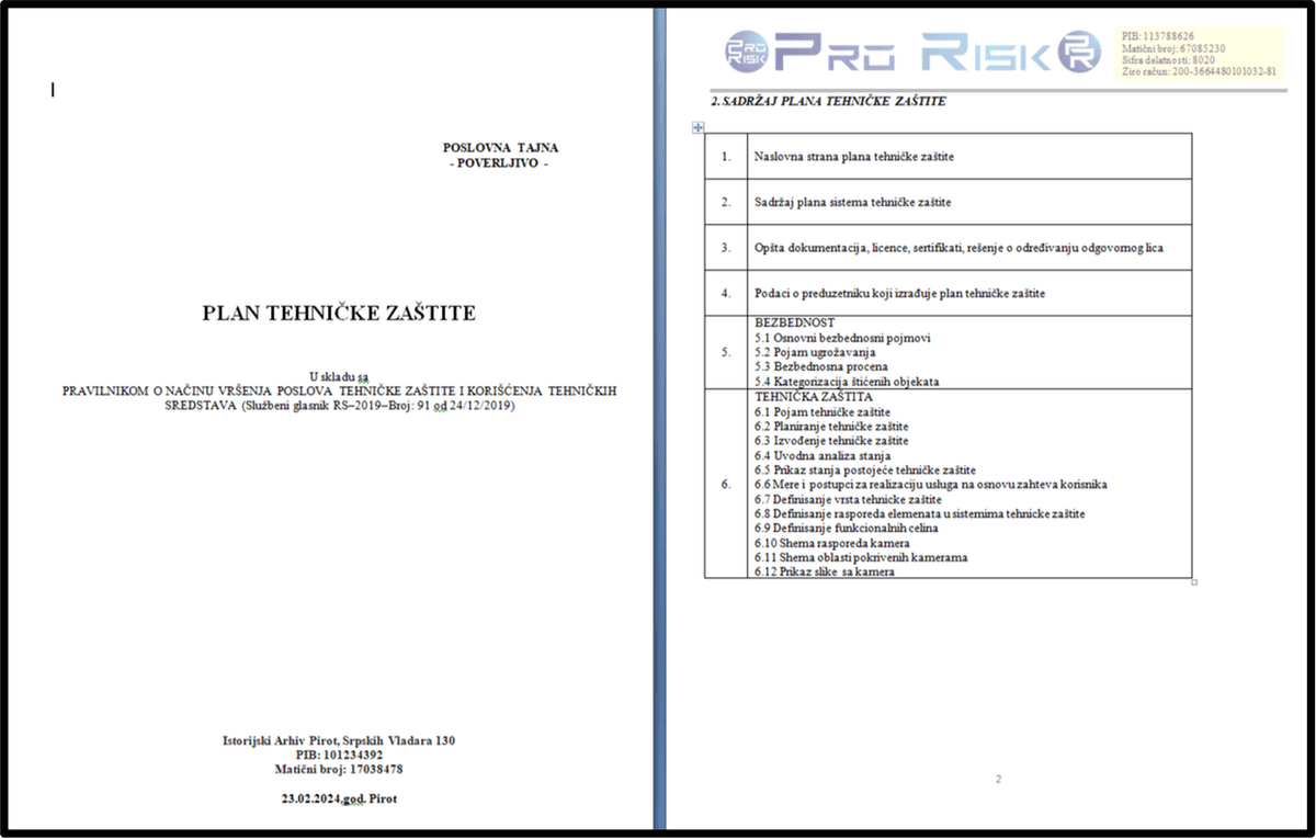 Plan tehničke zaštite - Pro Risk verzija sa detaljnim sadržajem