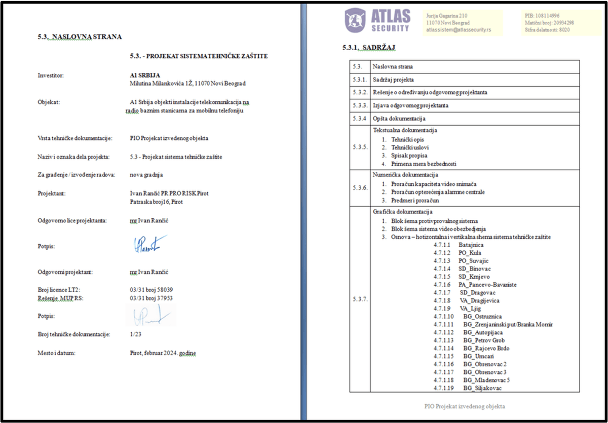 Projekat sistema tehničke zaštite sa kompletnim sadržajem