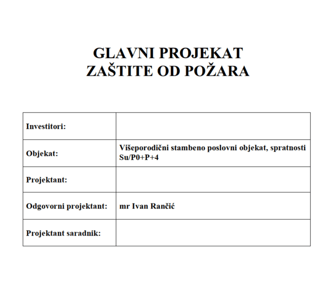 Glavni projekat zaštite od požara - Naslovna strana